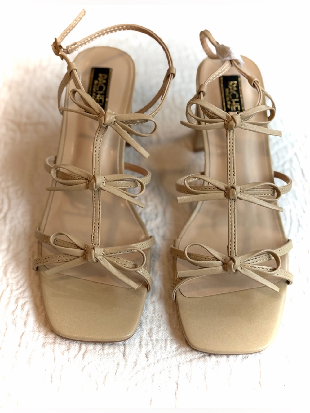 RACHEL Rachel Roy Caged Strappy Sandals with Triple Bows & Block Heel - Size 8.5